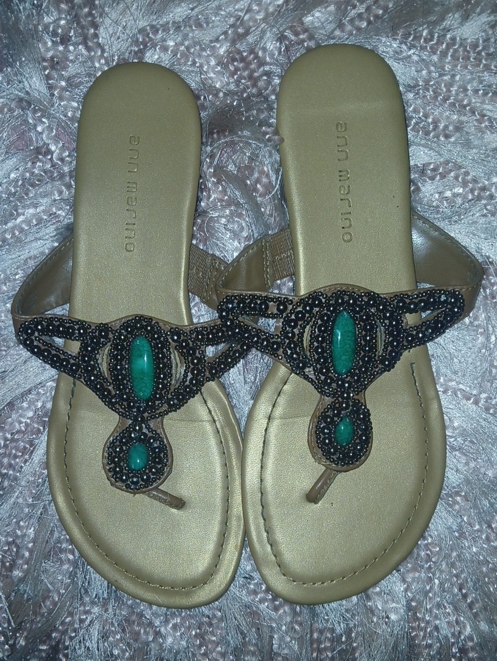 Ann Marino Tan Beaded Thong Sandals with Green Gem Accents